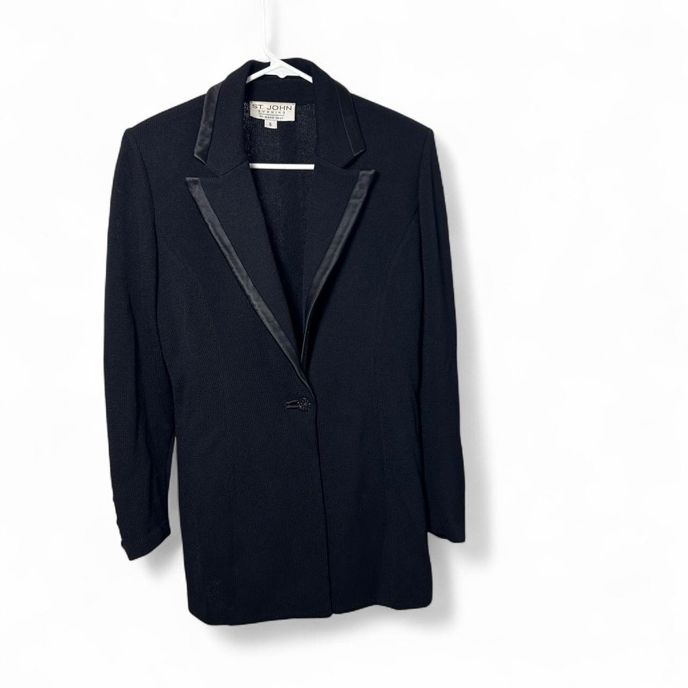 St. John Evening Black Santana Knit Satin Trim Jacket Rhinestone Button Size 6